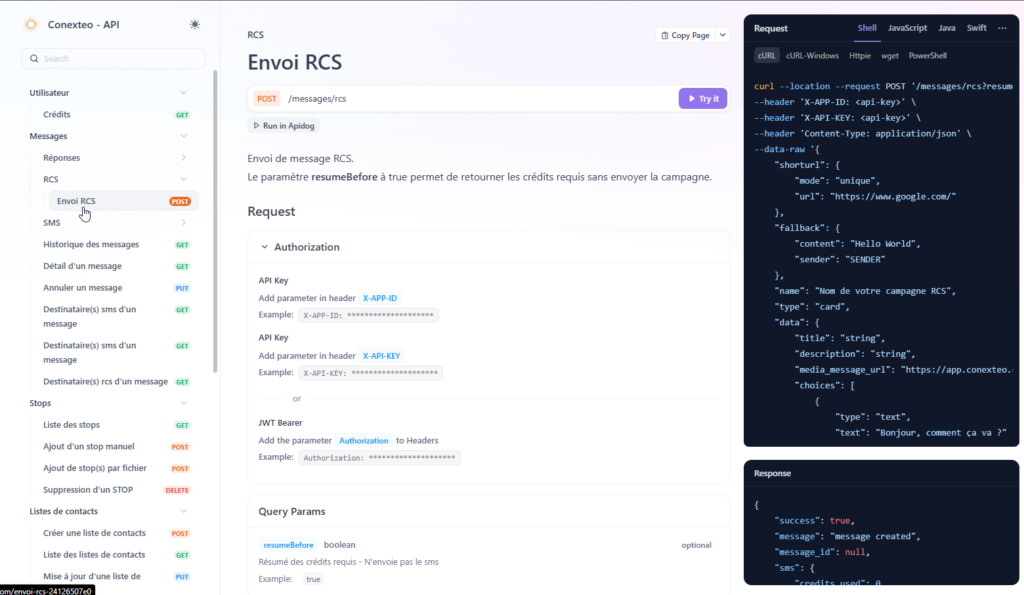 Api RCS Conexteo Integration facile