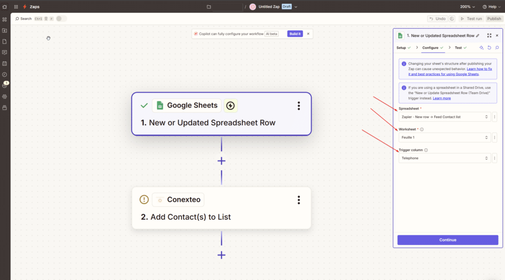 Etape Zapier Google Sheet - Connecter liste de contact & Google Sheet