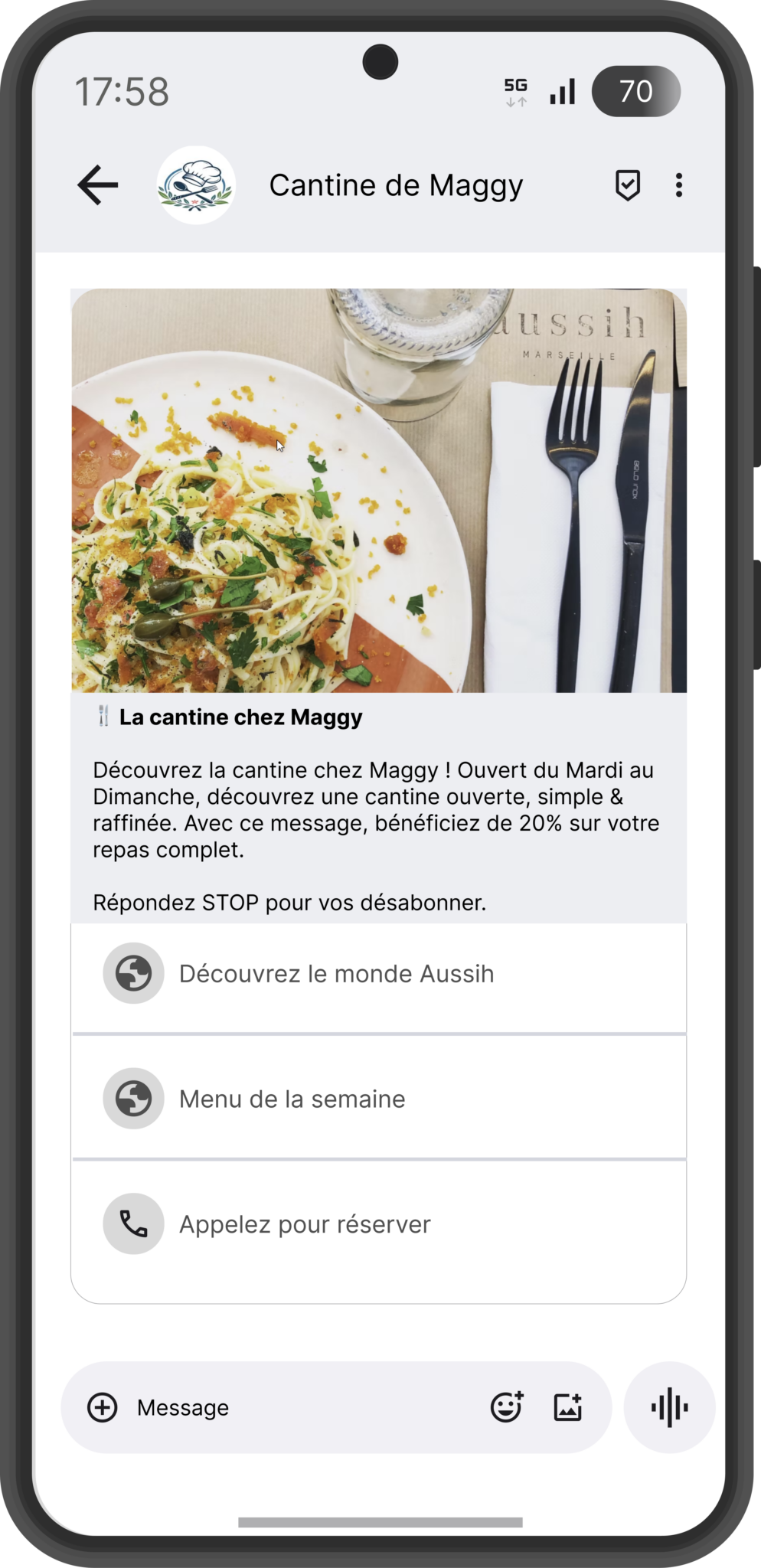 Exemple RCS restaurateurs - plateforme SMS professionnel Conexteo