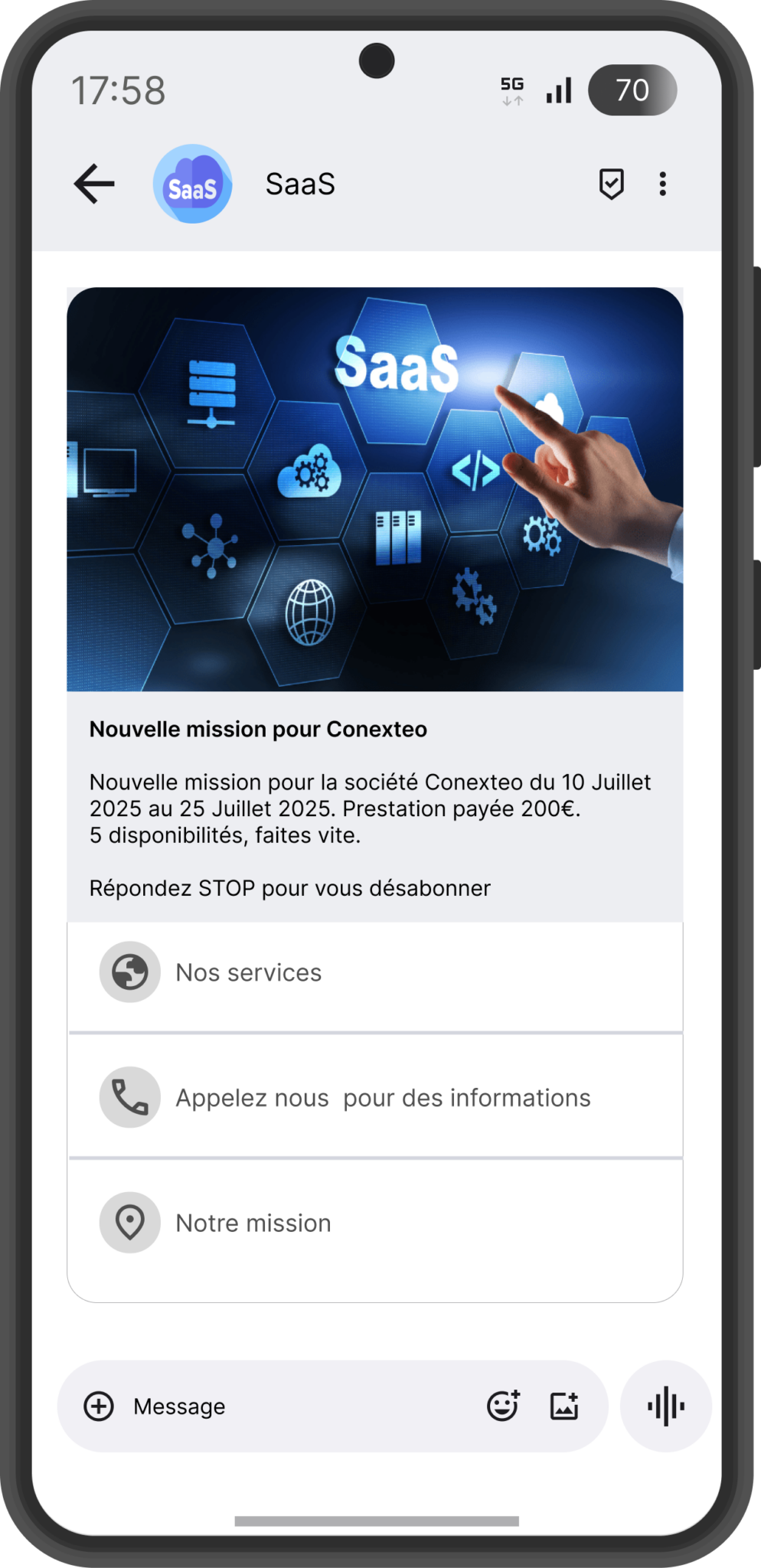 Exemple message RCS pour SaaS - plateforme SMS et RCS professionnel