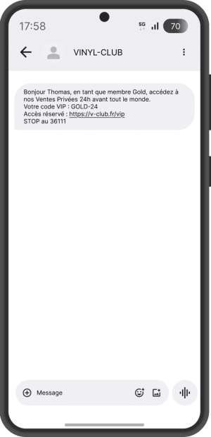 Exemple SMS professionnel club vinyle avec offre promotionnelle